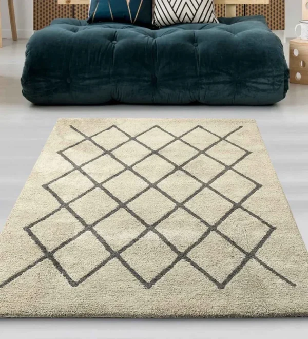 Beige Cotton Geometric 5 ft x 7 ft Machine-Made Carpet
