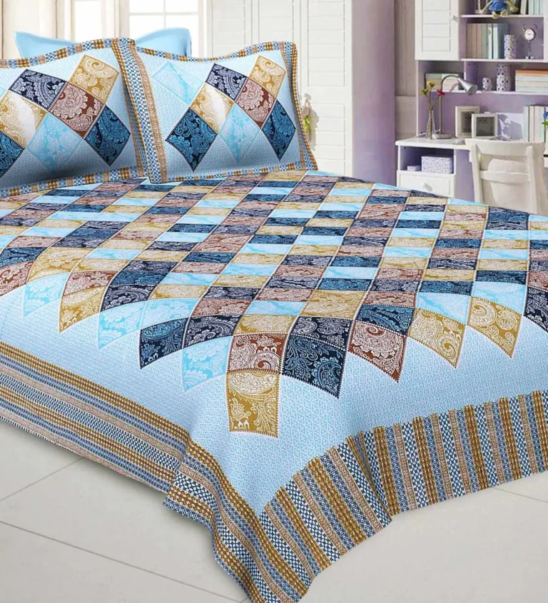 Blue Traditional 280 TC Cotton Double Bed Sheet with Pillow Covers