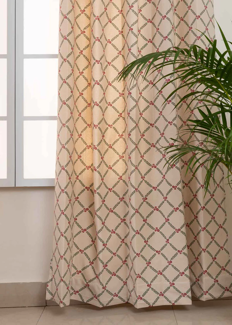Climbing Roses Printed Cotton Curtain for Windows – Wine Red, Single Panel for Living Room and Bedroom